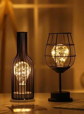 北欧铁艺小夜灯创意酒瓶摆件台灯餐厅酒吧电池床头浪漫装饰氛围灯