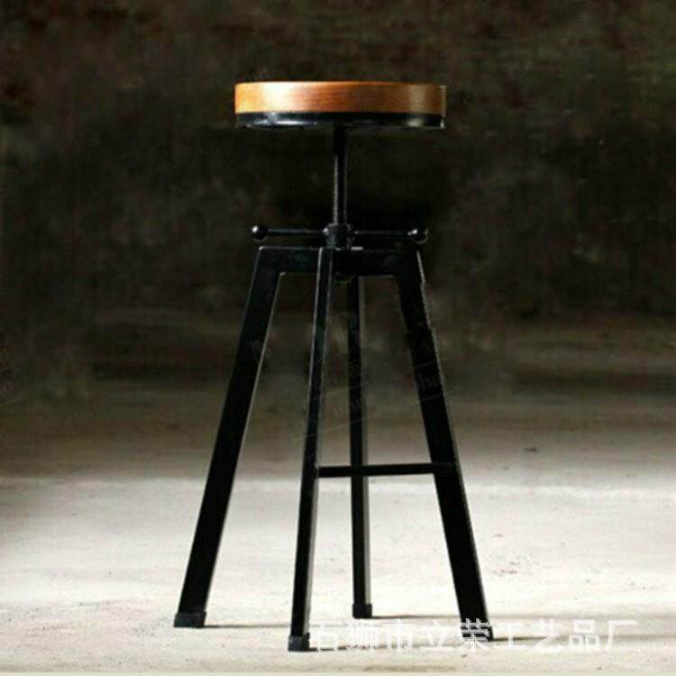 美式乡村创意酒吧餐厅高脚酒吧椅实木铁艺圆形椅旋转升降休闲椅