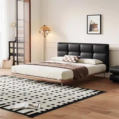 黑巧真皮床现代简约主卧复古软包床意式极简薄床头齐边床白蜡木