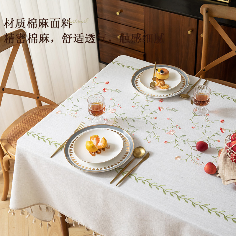 高档氛围感棉麻绣花餐桌布美式轻奢法式复古风长方形茶几台布