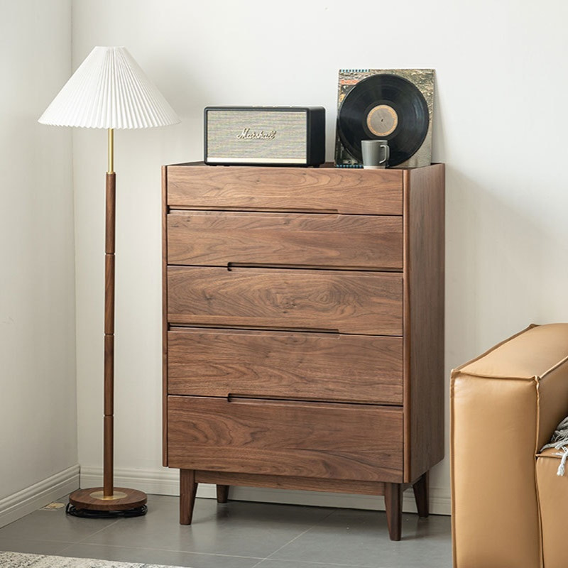 圆润五斗柜卧室客厅沙发边柜北欧黑胡桃木简约五斗橱柜收纳小衣柜