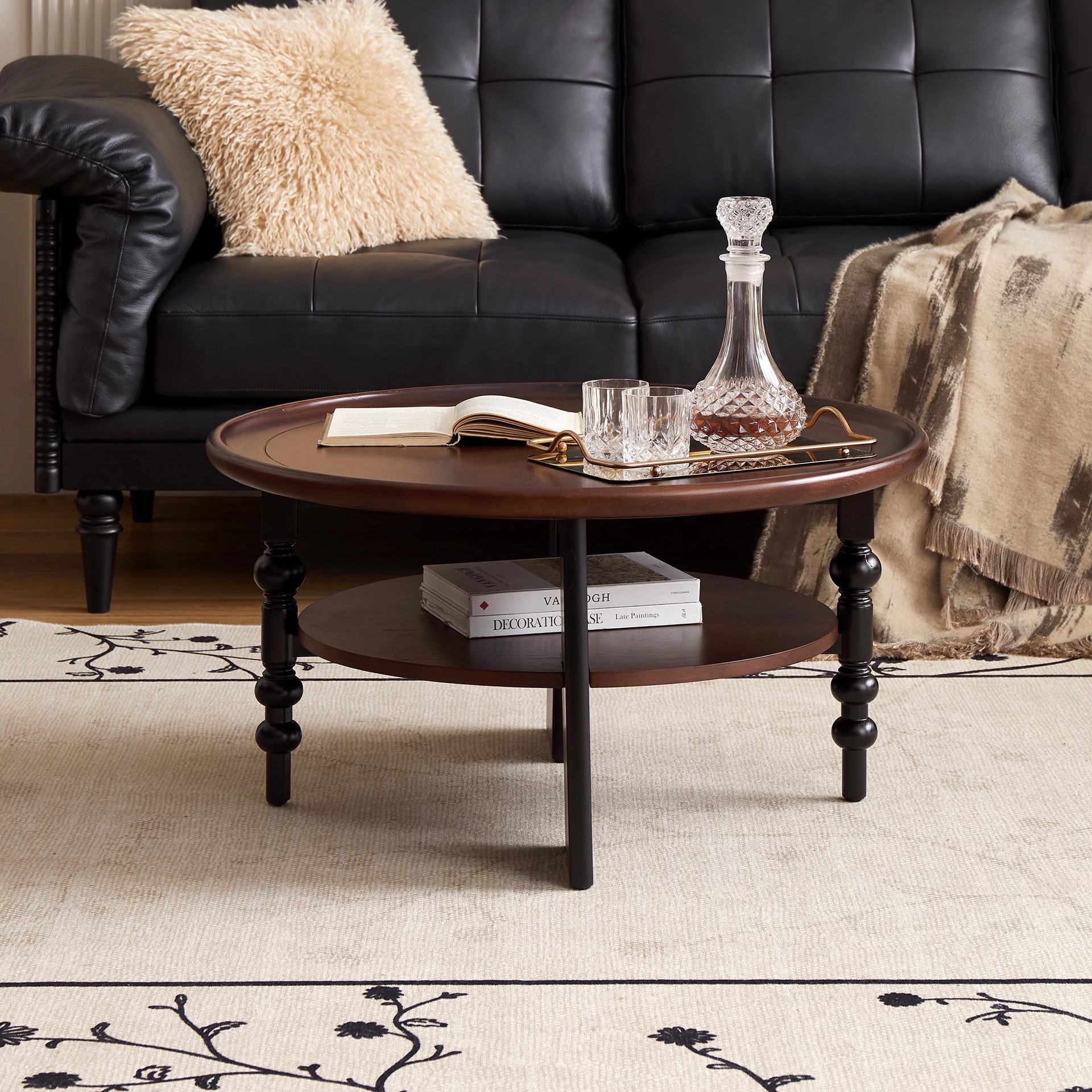 严选法式复古实木茶几圆形客厅双层置物茶桌中古小户型家用小桌子