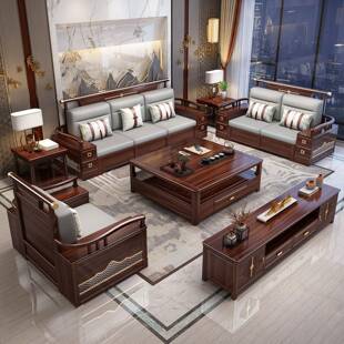 全实木沙发中式客厅家具组合套装冬夏两用直排贵妃储物乌金木沙发