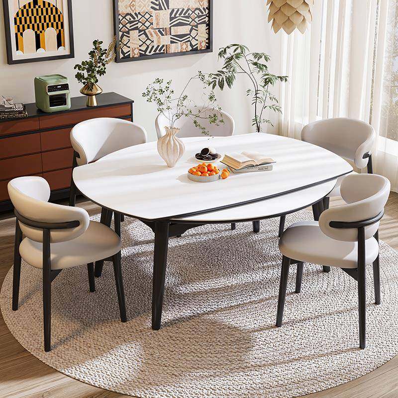 my欧鹿黑色奶油风餐桌可伸缩变圆桌折叠原木风小户型岩板餐桌椅组