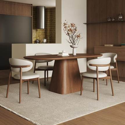 家用小户型椭圆长方形饭桌中古黑胡桃木两头圆餐桌复古风实木餐桌