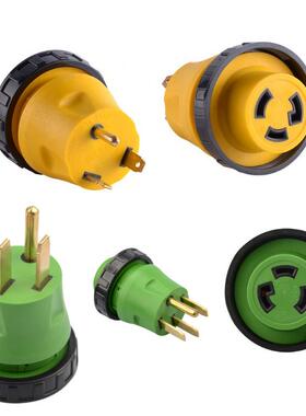 黄色绿色房车用15A转50A30A电源转换插头游艇用铜脚龙三脚公插