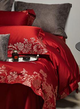 长新绒棉婚庆四件套100s支刺绣被F777J9MS套红色婚嫁结床上用品