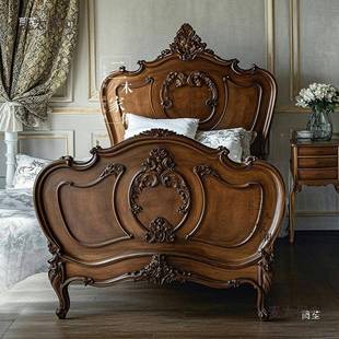 法式复1古实木公主乡床美民式村卧室胡桃色双人床别墅宿床FQN.麦