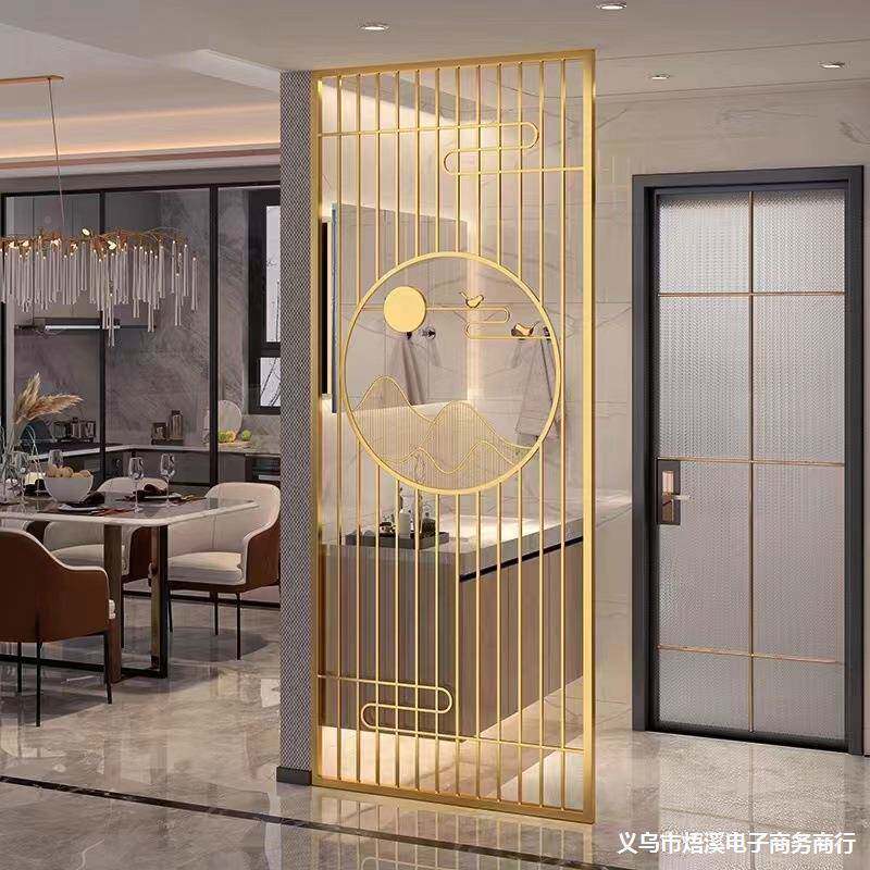 酒店客厅钢黑锈钛不屏风镂空金属隔断659墙新中式墅雕花别玻璃遮