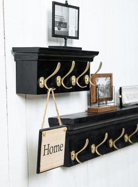 ?墙壁式实木美挂钩黑色乡村实木装饰衣帽物架创Fh(h(#g@意服装店