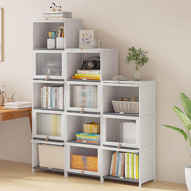 实极木窄书书架置物架组合柜子白色简约轻柜DAN奢落地客厅柜带璃