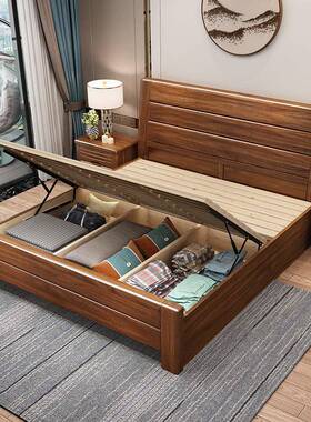 新中式胡桃木实木卧室床家具1高.物5米双人1.8米气压YNN箱储大木