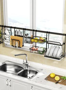 免打孔式不锈多功能厨房窗台置物户架窗钢壁挂挂架挂QZZ杆挂钩收