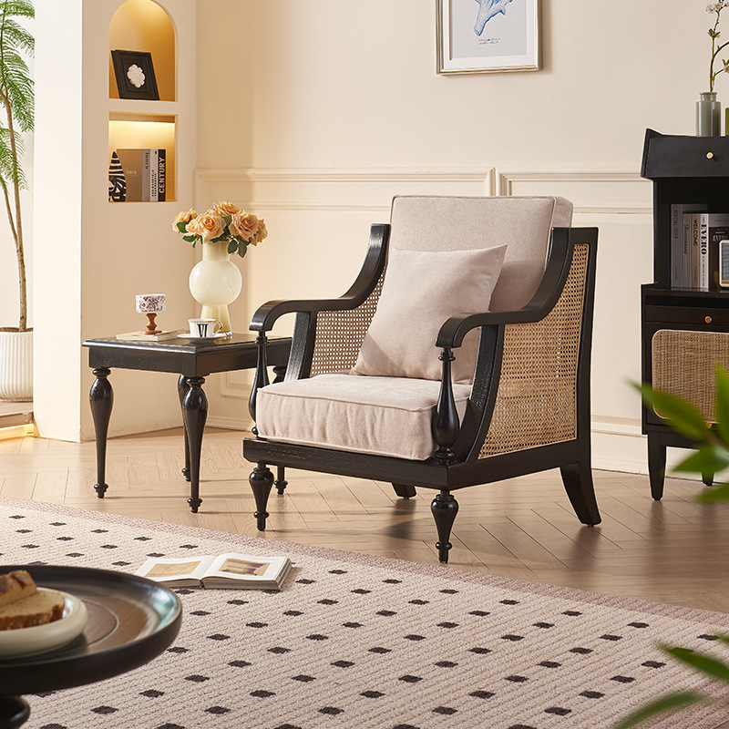 北欧藤编实木沙发椅边几组合黑色酒店房间洽谈椅白蜡木单人位沙发
