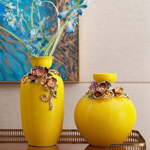 罗比罗丹珐琅彩工艺黄色花瓶创意玄关摆件《富贵平安》家居饰品