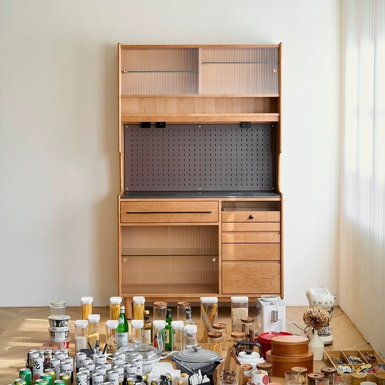 定食餐边柜2代 实木岩板樱桃木一体高柜餐厅收纳咖啡柜