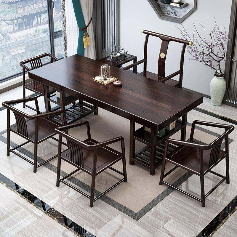 实木大板茶桌椅组合办公室新中式茶桌全套紫檀色茶台功夫泡茶台桌