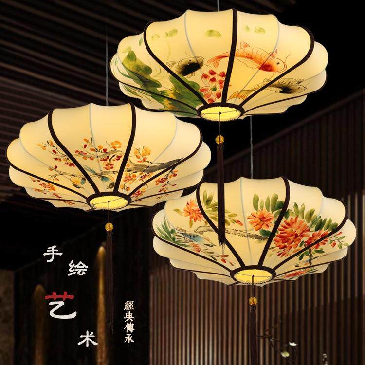 火锅店吊灯新中式中国风餐厅客厅饭店茶楼民宿复古灯具手绘布艺灯