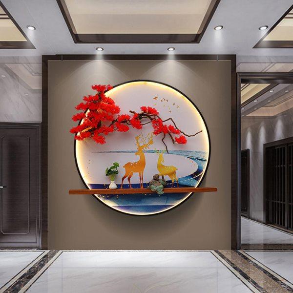 新中式墙壁装饰挂件玄关沙盘背景墙圆形装饰画带灯迎客松展厅壁挂,家居饰品,壁饰,淘宝优惠券,粉丝福利购,淘宝优惠卷