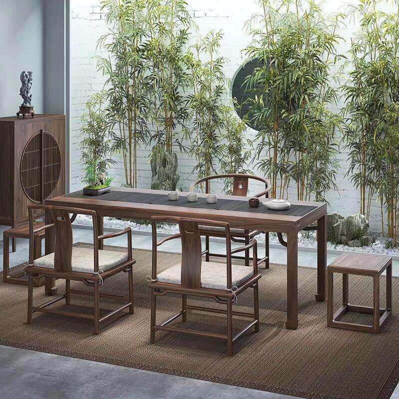 新中式老榆木茶桌椅组合实木餐桌椅禅意会议办公茶桌茶楼茶室茶台