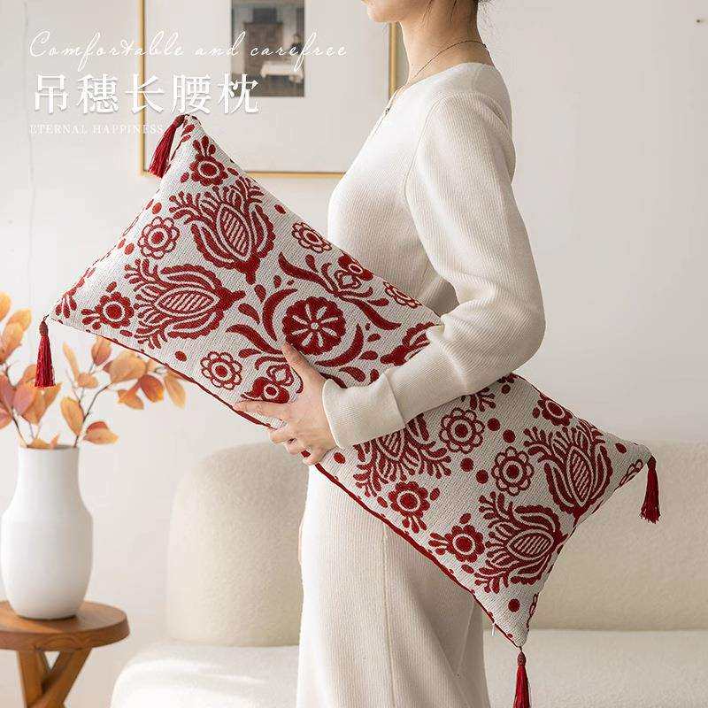 新中式沙发长方形靠枕新年长条抱枕卧室靠背垫红色床头睡觉靠垫