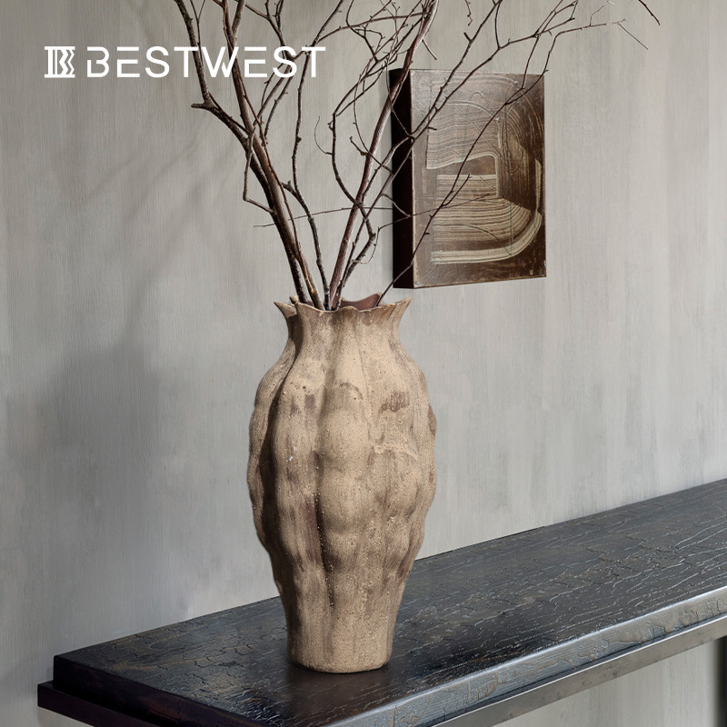 博西家居 棕色土黄色大肚陶瓷花瓶摆件新中式家居客厅花器陶罐