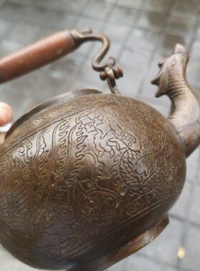 古玩铜器收藏仿古纯铜龙凤呈祥手提壶老铜壶水壶茶壶摆件老物件