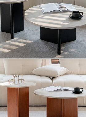 舒梵双子茶几/洞石岩板耐造/简约黑色/中古柚木色大小圆茶几组合