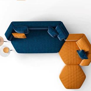 意式布艺转角拼色沙发设计师别墅展厅休闲会客区几何异形组合沙发