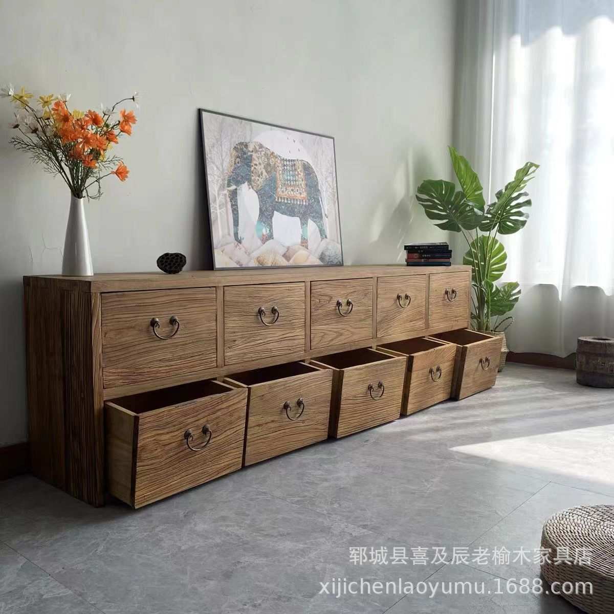 老榆木中式十斗柜实木抽屉收纳柜复古餐边柜客厅落地电视柜