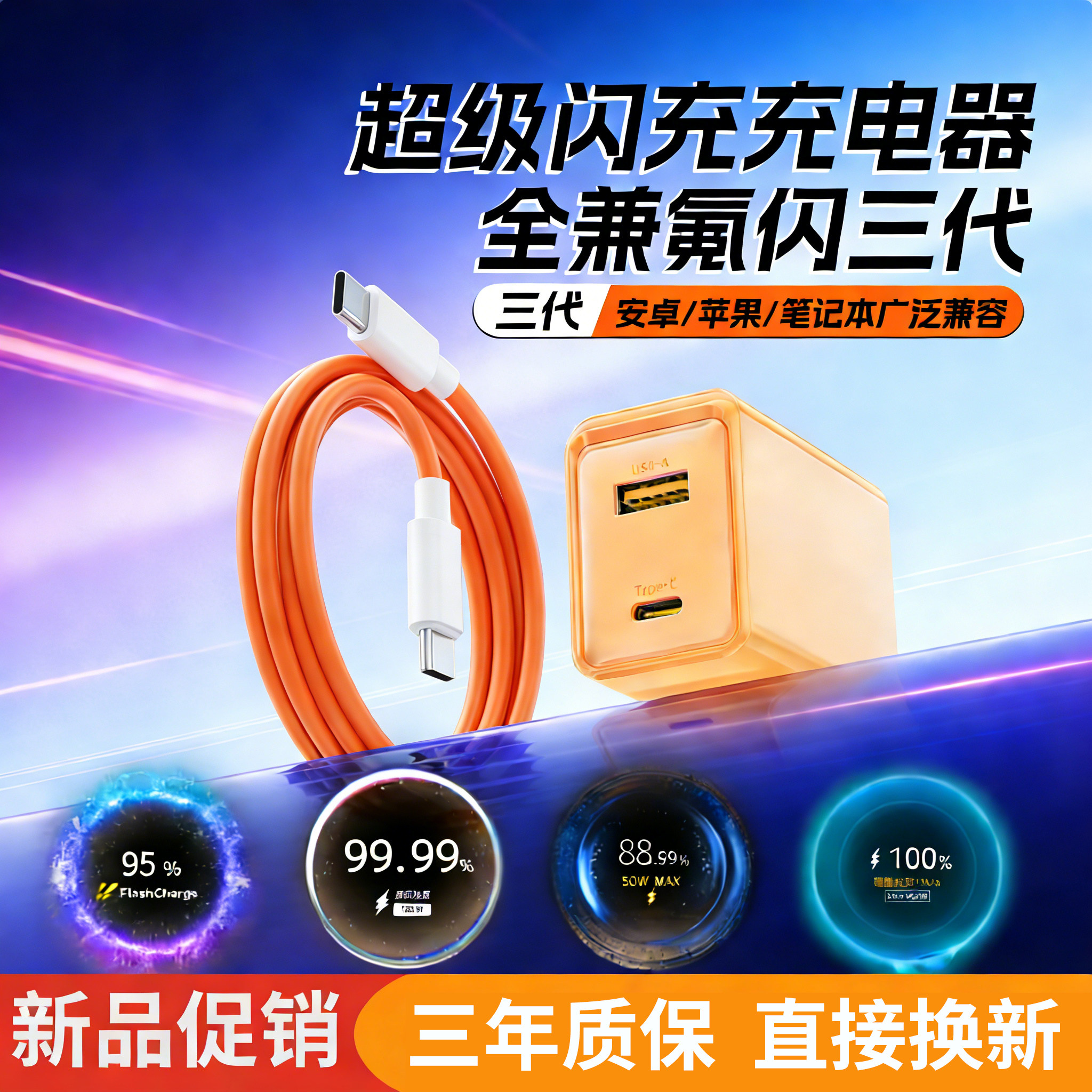 适用120全兼容氮化镓充电器适用华为荣耀VIVOiQOO/OPPO真我一加小米红米三星笔记本苹果闪充头折叠轻巧便捷
