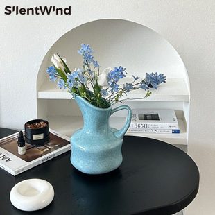 SilentWind寂风韩风清新蓝色提壶花瓶陶瓷插干鲜花器家居桌面摆件