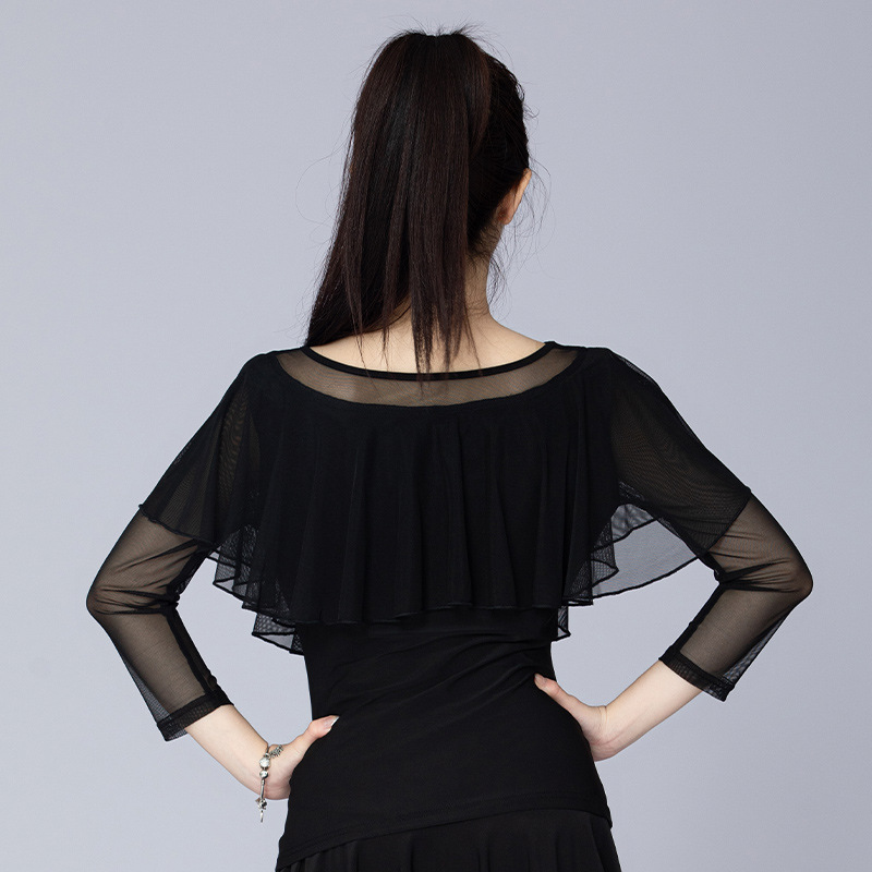 新款拉丁舞服装女摩登舞练功服交谊舞上衣吉特巴广场舞蹈服装中袖