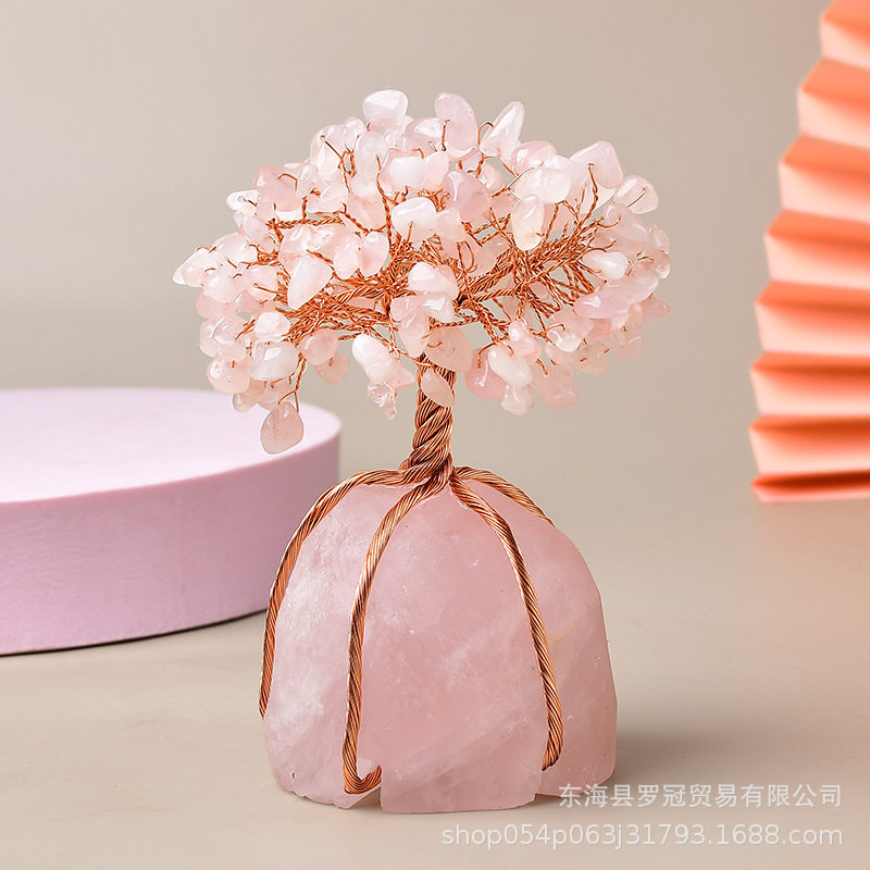 天然粉水晶原石五瓣发财树碎石生命树摆件直供招财白水晶黄水晶