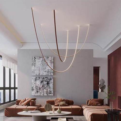 北欧极简线条餐厅吧台艺术设计师款别墅客厅挑空loft复式楼梯吊灯