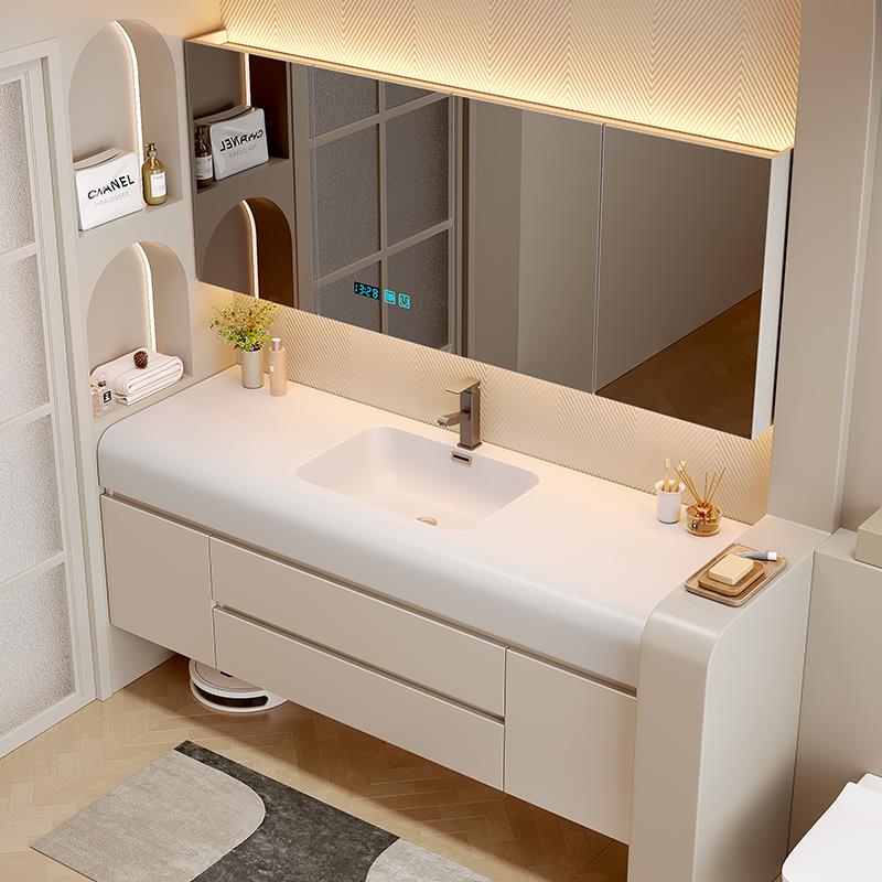奶油风绮美石一体盆浴室柜组合轻奢实木卫生间洗漱台洗手洗脸台盆
