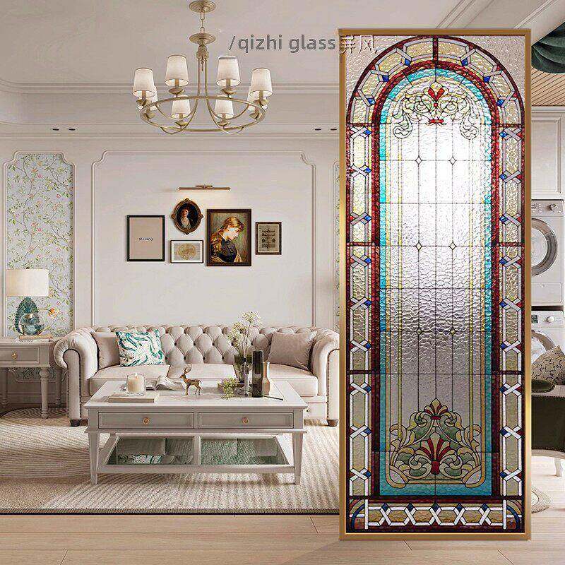 定制欧洲和法国色彩蒂芙尼教堂水波纹工艺玻璃隔断屏风客厅装饰入