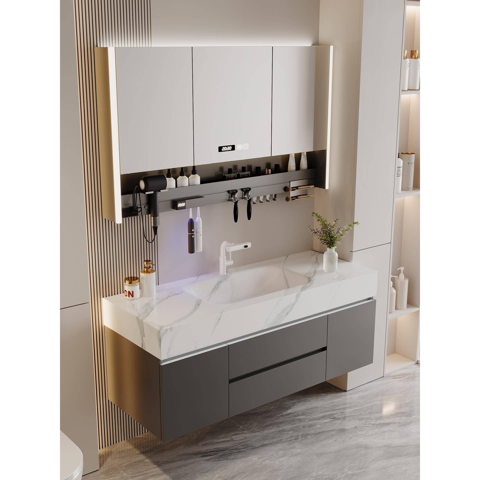 新款岩板热弯一体盆浴室柜组合卫生间洗漱台洗手池洗脸盆镜柜定制