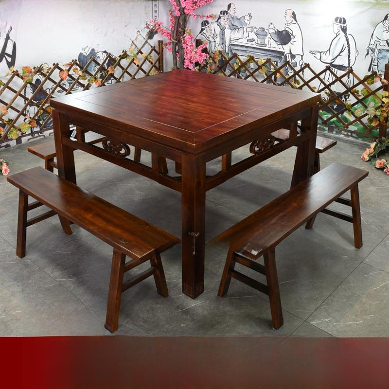 实木八仙桌碳化木桌椅方桌庭院桌椅面馆餐厅长桌圆桌餐桌订制