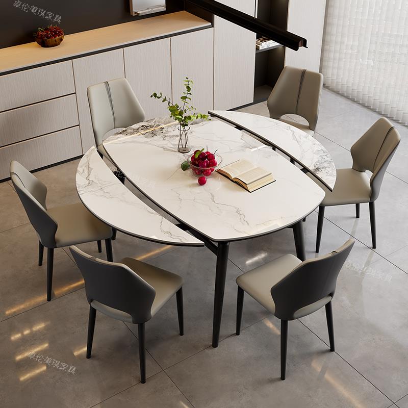 可折叠岩板实木餐桌现代简约方桌变圆桌家用小户型圆形餐桌椅组合