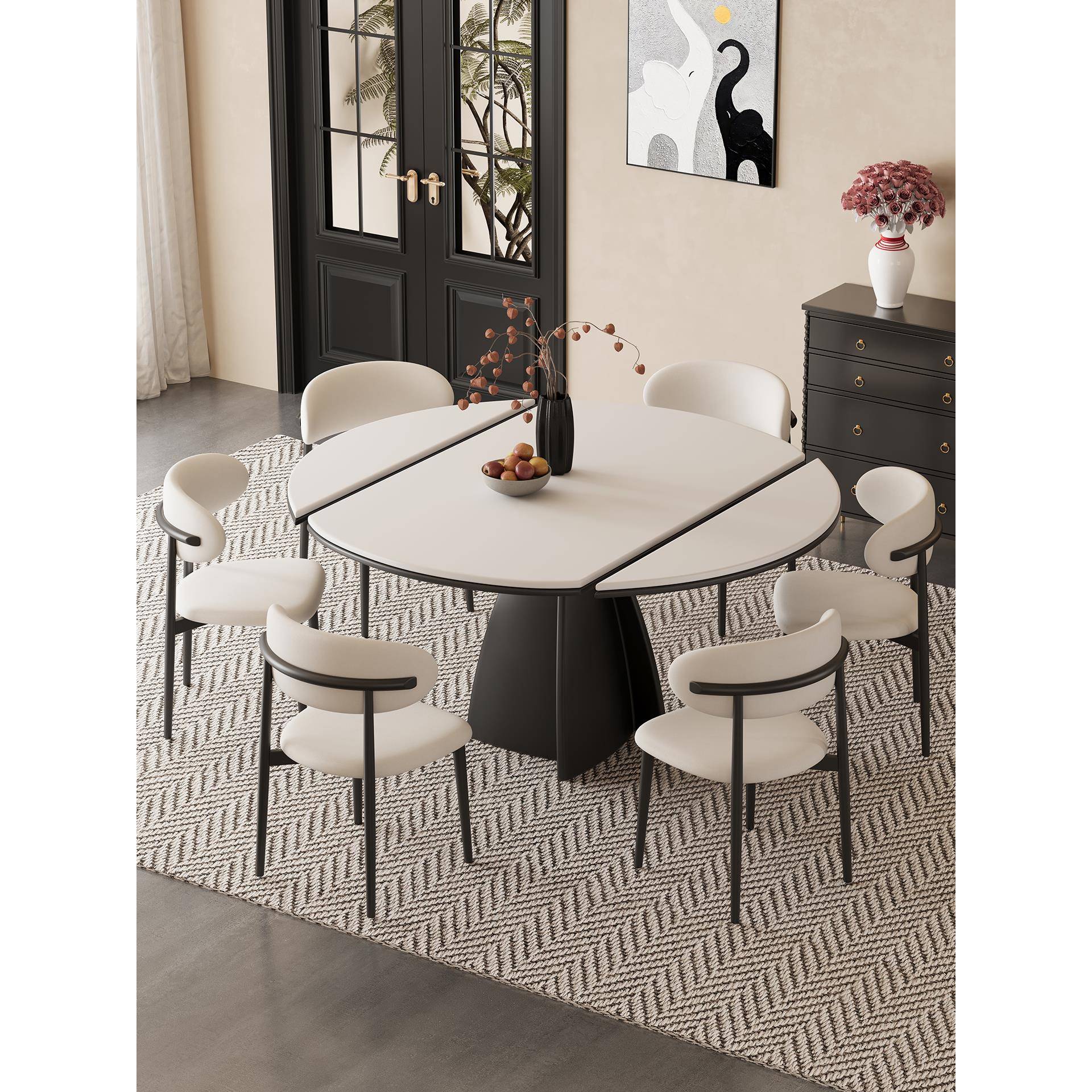 法式岩板餐桌椅组合家用小户型可伸缩折叠方圆两用吃饭桌现代简约