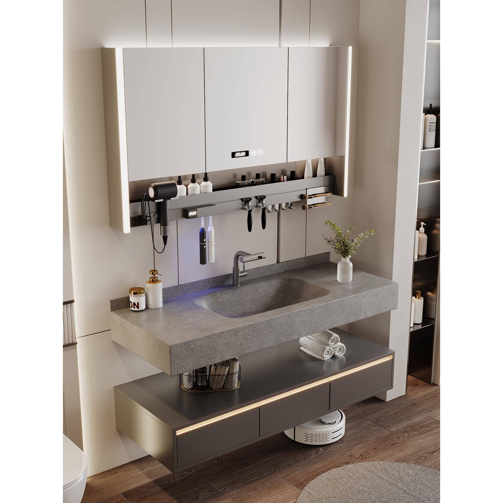 高级感酒店风双层岩板热弯一体盆浴室柜组合卫生间洗手池洗脸盆柜