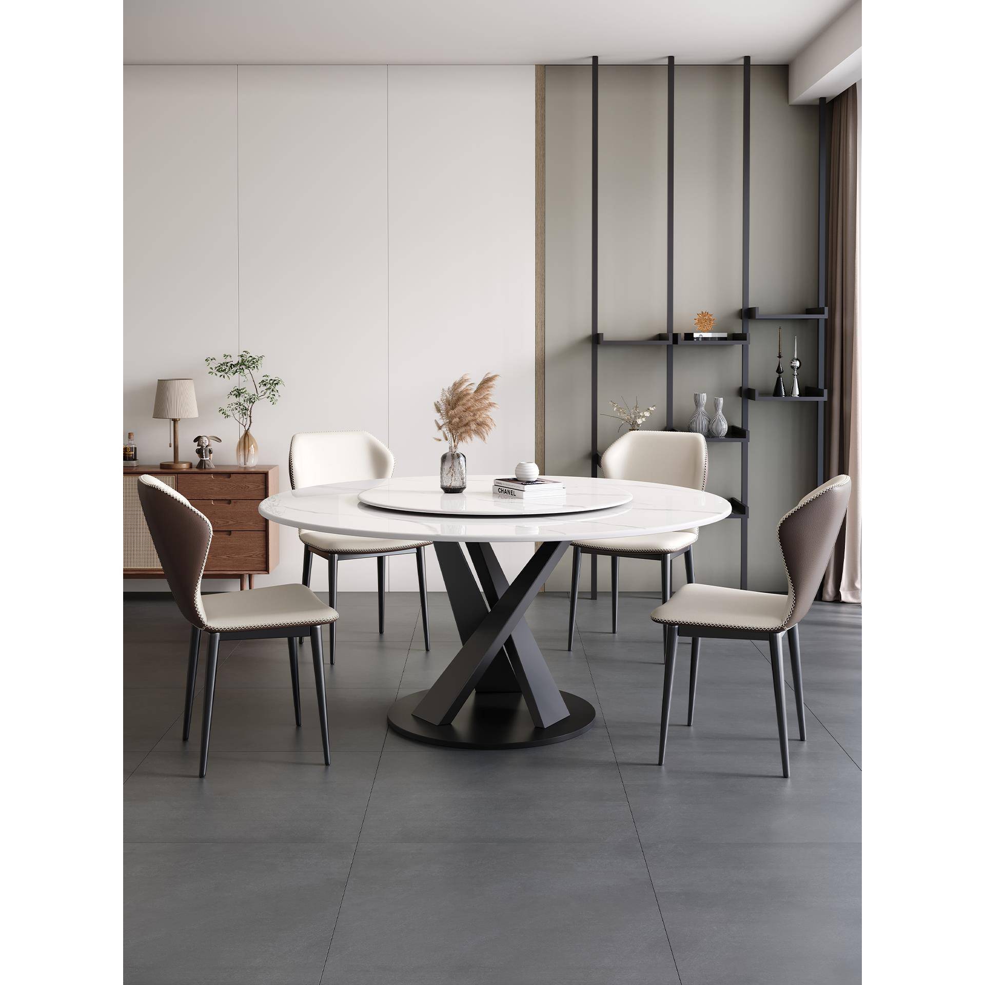 意式圆形岩板餐桌椅组合现代简约家用小户型圆桌带转盘吃饭桌极简