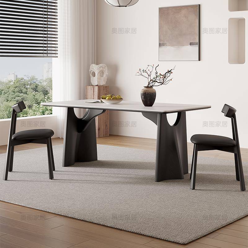 意式极简岩板餐桌小户型家用现代简约法式侘寂风长方形实木餐桌椅