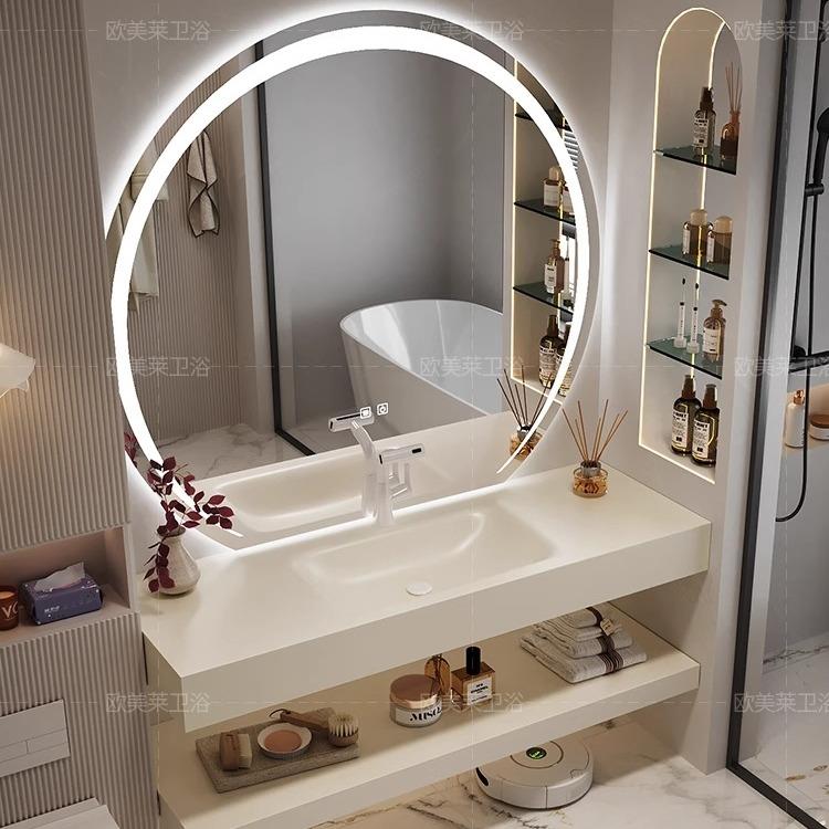 2025奶油风双层岩板热弯一体盆浴室柜组合卫生间洗漱台脸手盆新款