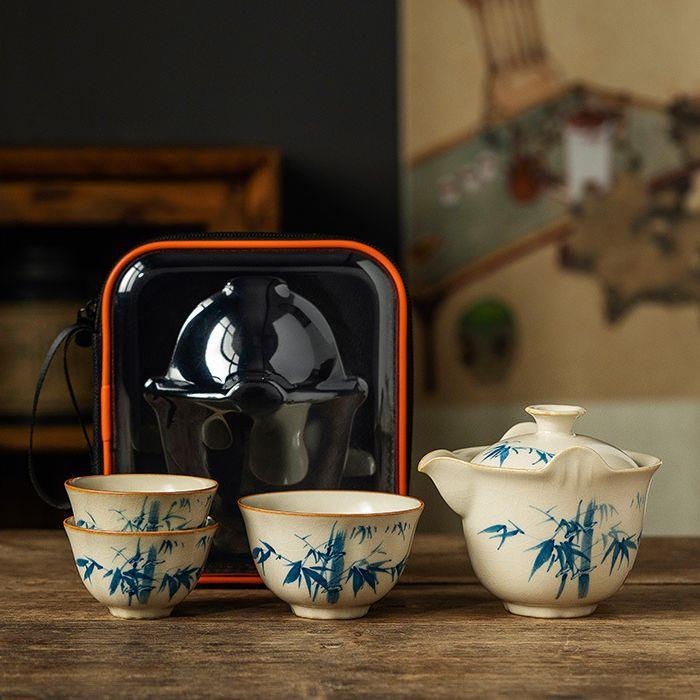 汝窑手绘旅行茶具一壶三杯快客杯陶瓷旅游户外便携式随身茶具套装