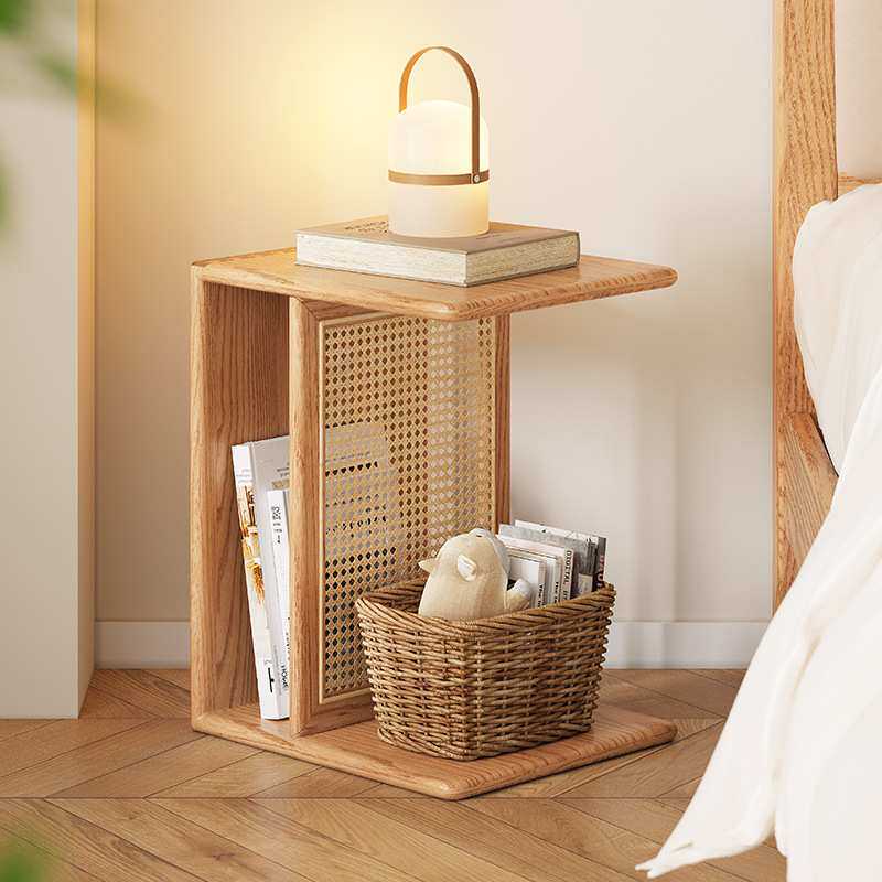 北欧实木沙发边几现代简约红橡木藤编角几小户型家用客厅置物边桌