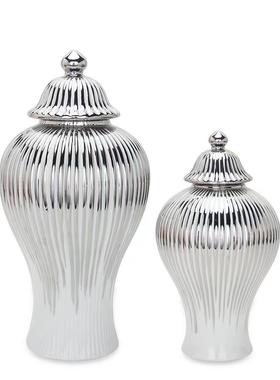 轻奢陶瓷电镀银色纯白色将军瓶家居玄关客厅样板房花瓶摆件工艺品