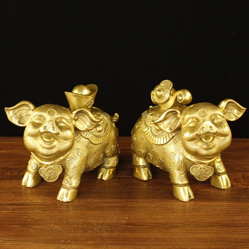 铜猪如意元宝对猪生肖猪摆件办公居家工艺品长21cm