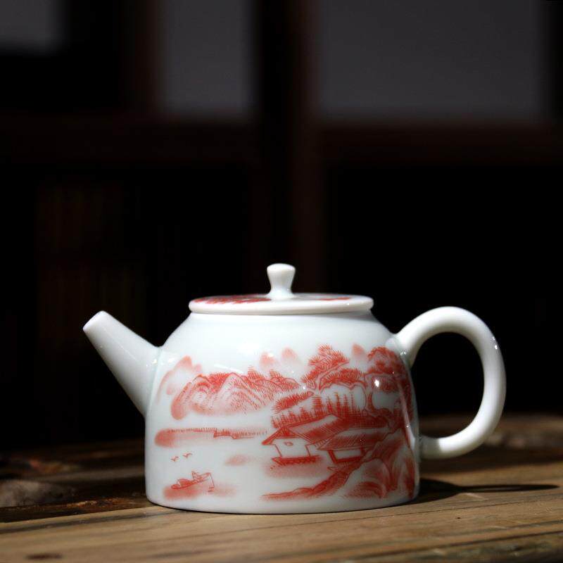 德化白瓷茶壶复古矾红瓷手工泡茶壶陶瓷中式青花瓷石瓢单壶西施壶